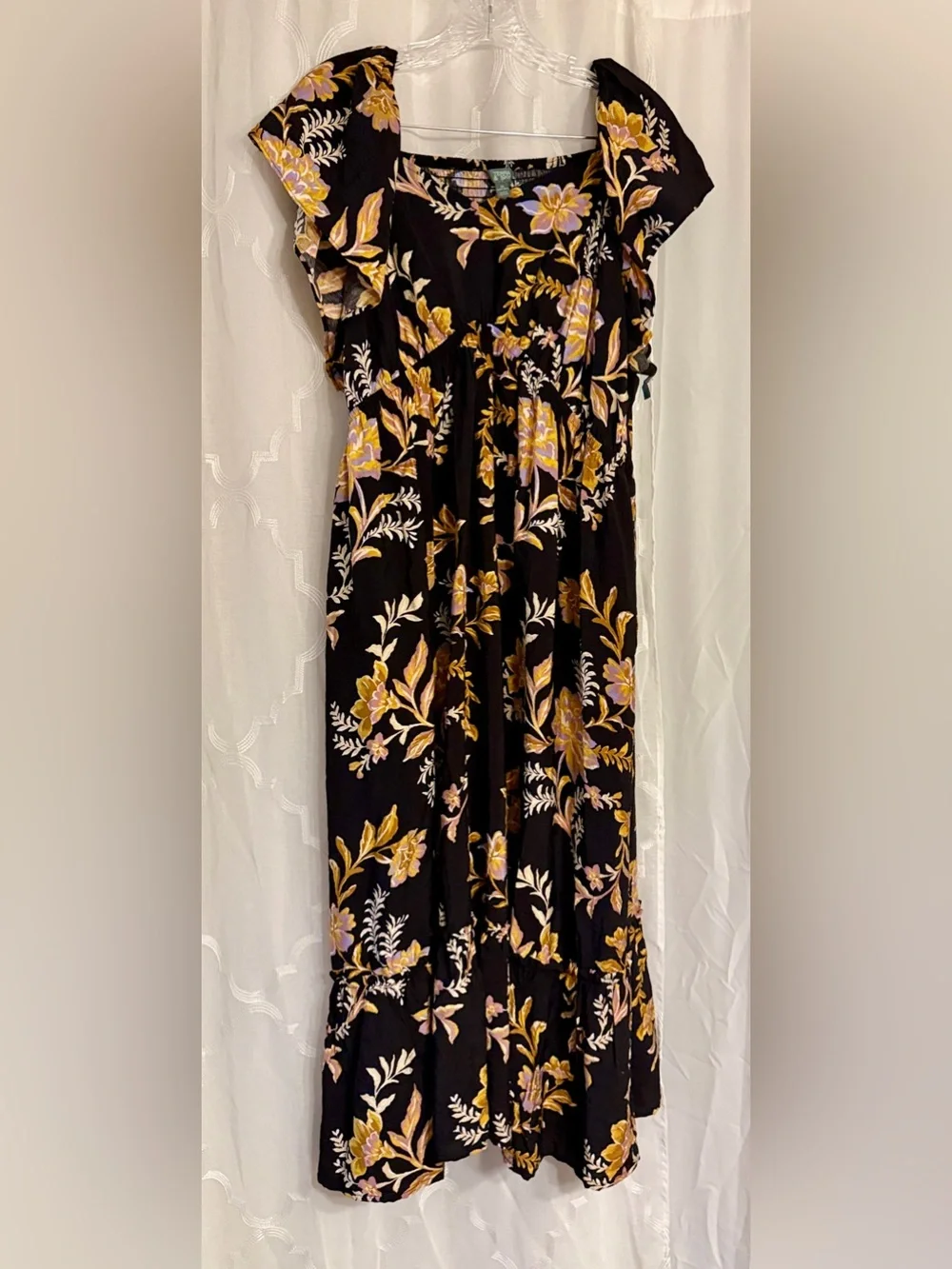 NWT Terra & Sky Black Floral Flutter Sleeve Midi Dress 2X - Picture 2 of 13